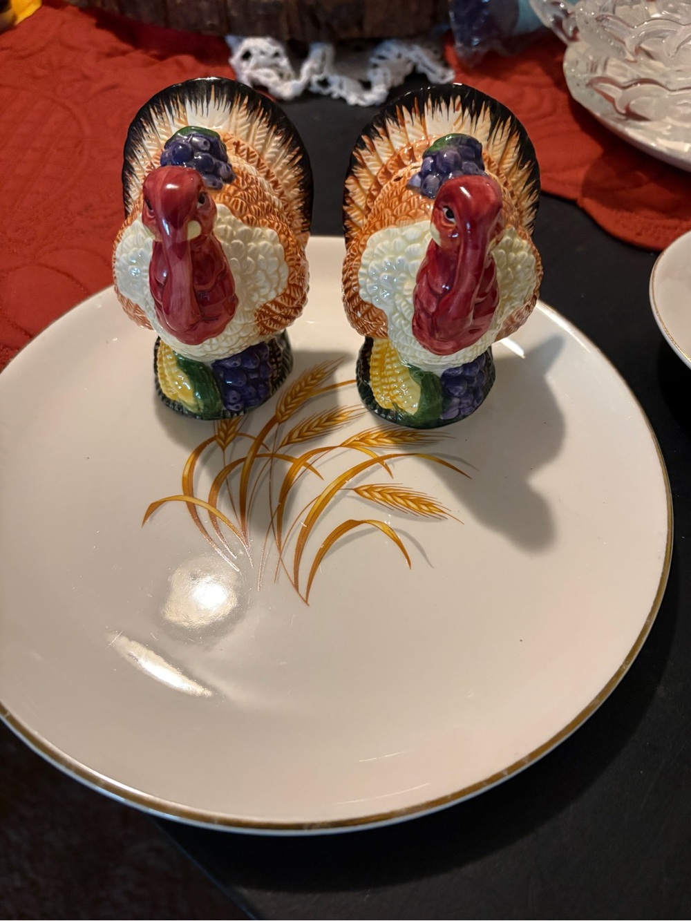 Hand-Painted Ceramic Turkey Salt and Pepper Shaker Set - Red, Orange, Green - Picture 3 of 3